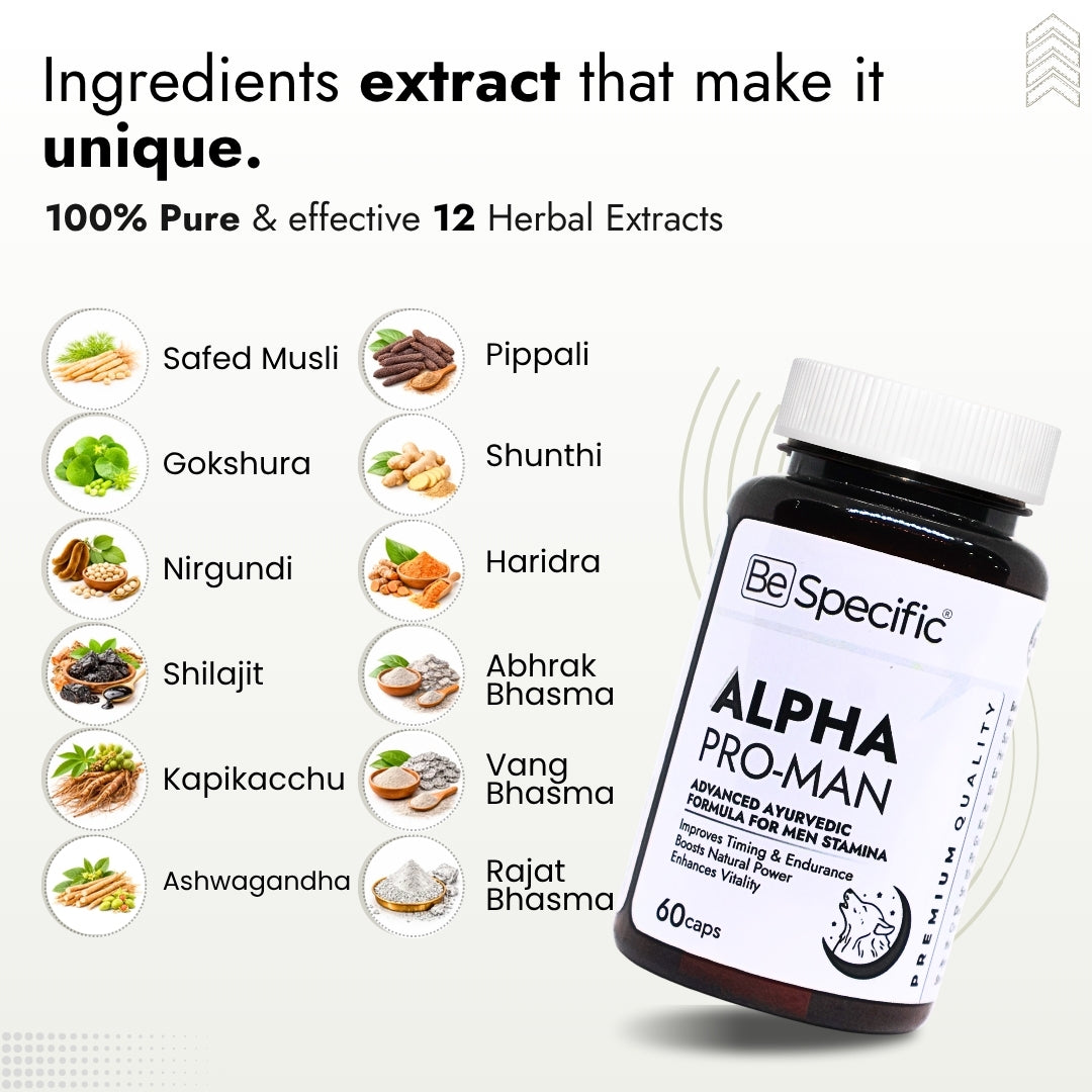 Alpha Pro-Man – Advanced Ayurvedic Formula for Men Stamina, Power & Vitality | Improves Timing & Endurance | Natural Energy Booster for Men | 60 Capsules